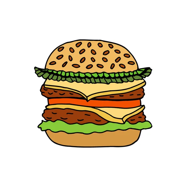 Hamburguesa Coloreada Del Bosquejo Mano Aislada Blanco — Vector de stock