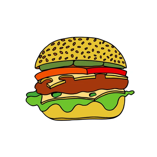 Colored Hand Sketch Hamburger Isolated White — Stock Vector