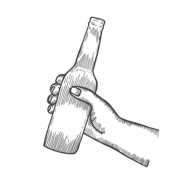 Mão Masculina Segurando Batendo Garrafas Cerveja Abertas Vintage Vetor Gravura — Vetor de Stock