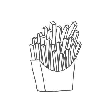 Vektör çizimi. Kese kağıdına elle çizilmiş patates kızartması. Sağlıksız yiyecekler. Çizgi film çizimi. Menüler, panolar, vitrinler, tebrik kartları, posterler, duvar kağıtları için dekorasyon