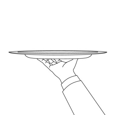 Klasik zarif garson sunucu palm his beyaz zemin üzerinde ver. Serbest el anahat siyah mürekkep çizilmiş resim sipariş logo işareti retro sanat doodle karikatür tarzı kalem kağıt üzerinde alanı ile metin için etch