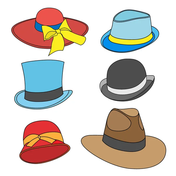 Conjunto Dibujos Animados Sombreros Masculinos Femeninos Los Modelos Antiguos Aislado — Vector de stock