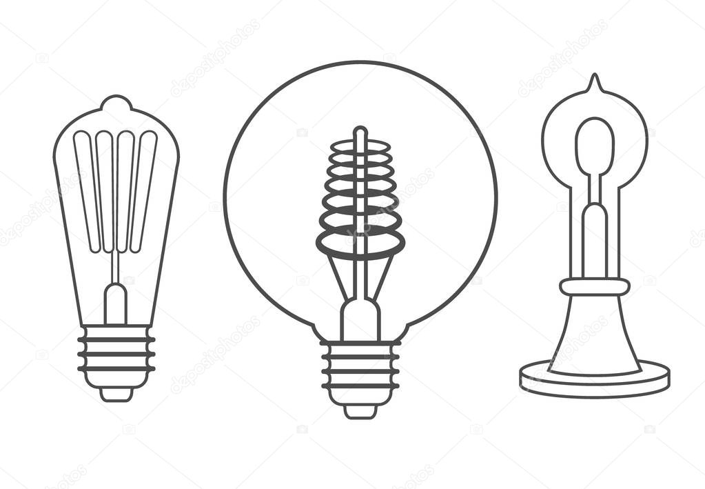 Set of Vintage bulb lamp hand drawing engraving style