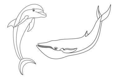 Deniz memelileri ayarlayın. Mavi balina, sperm balina, Yunus, orca. Beyaz vektör illüstrasyon izole