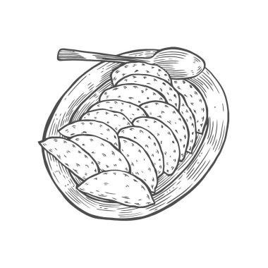 Vareniki oyma, geleneksel Ukrayna yemeği eski tarzı büyük bir plaka üzerinde