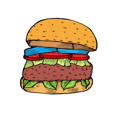 Renkli Hamburger. Fast food. Vintage tarzı oyma. Klasik çizburger. Beyaz arka plan üzerinde izole. Vektör çizim.