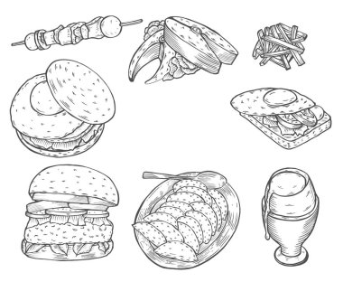İzole vektör çizim tek renkli Fast food dekoratif renkli kroki Icons set