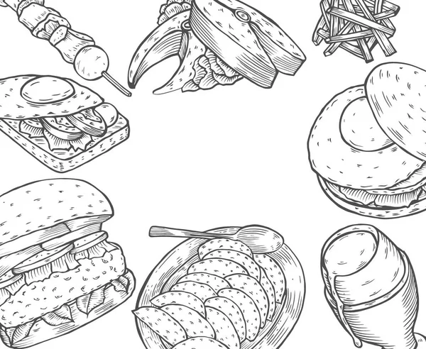 Gourmet Burgers Ingredienti Hamburger Vettoriale Illustrazione Fast Food Cornice Cibo — Vettoriale Stock