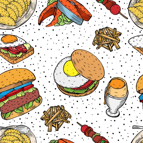Disegnato Mano Colorato Fast Food Vettore Senza Soluzione Continuità Sfondo — Vettoriale Stock