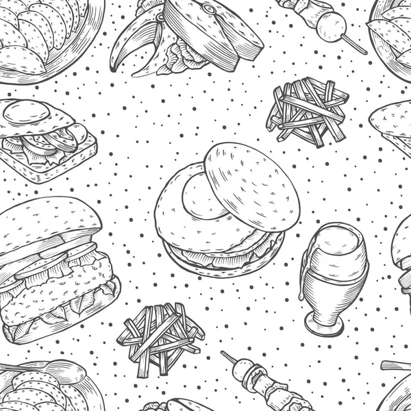 Hand Gezeichnet Monochromen Fast Food Vektor Nahtlose Hintergrund Gravur Illustration — Stockvektor