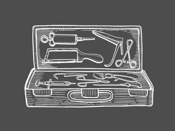 Vintage Medical Bag Hand Drawing Engraving Style Isolated Black — Stock Vector