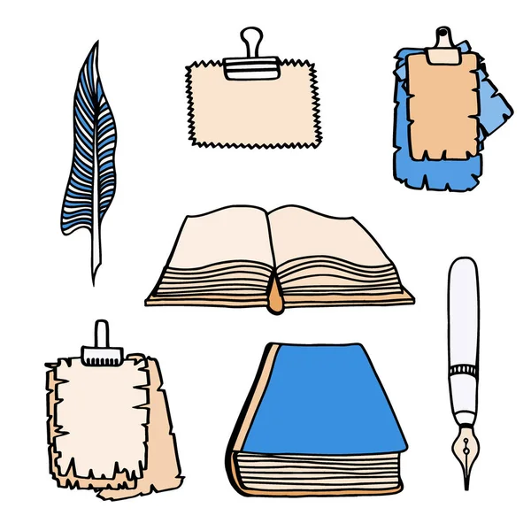 Набор книг и ручек — стоковый вектор