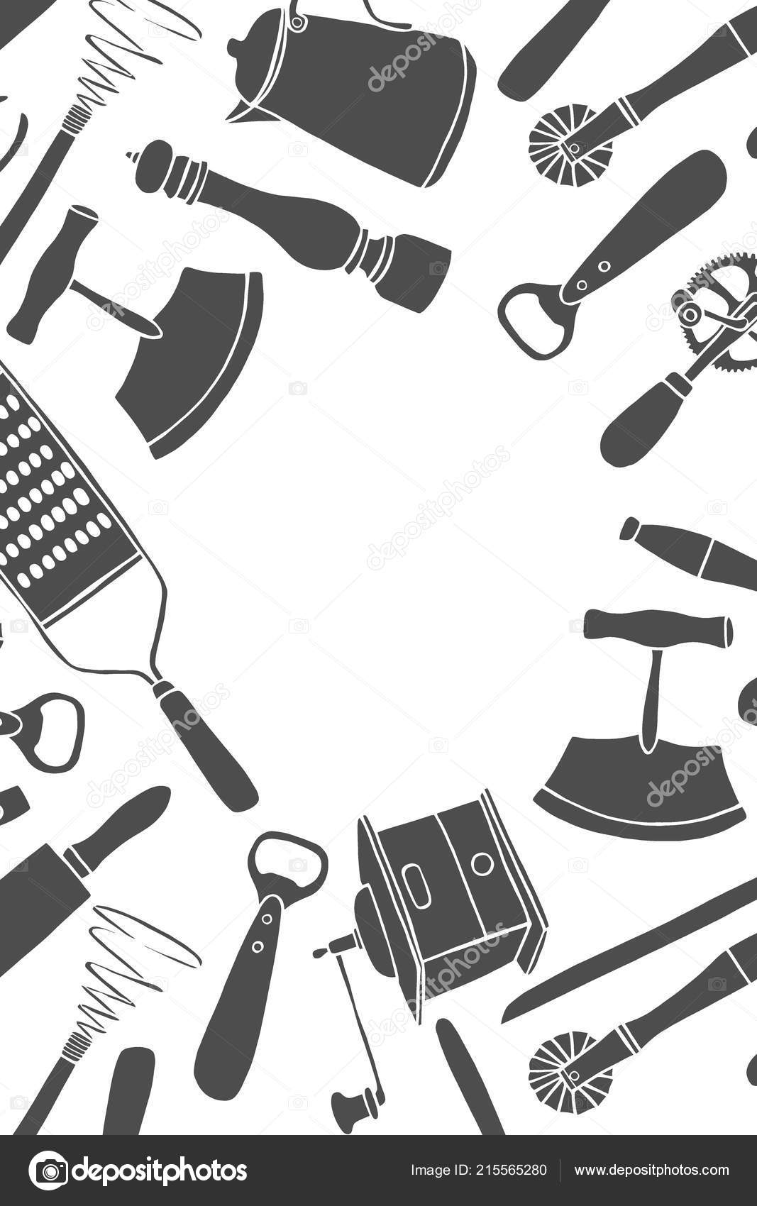 Background Kitchen Utensils Set Vector Large Collection Hand