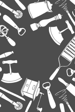 Mutfak eşyaları, arka planını ayarlamak. Mutfak aletleri ile çizilen illüstrasyon vektör büyük toplama ver. Kap ve pişirme. Mutfak eşyaları kroki. Retro çizgi film tarzı