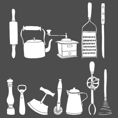 Mutfak eşyaları, siyah vektör illüstrasyon izole kümesi