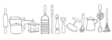 Mutfak eşyaları, beyaz vektör illüstrasyon izole kümesi kroki