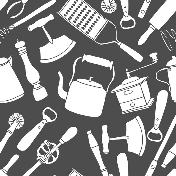 Комплект старой кухонной утвари в стиле мультфильм, фон черно-белый бесшовный
