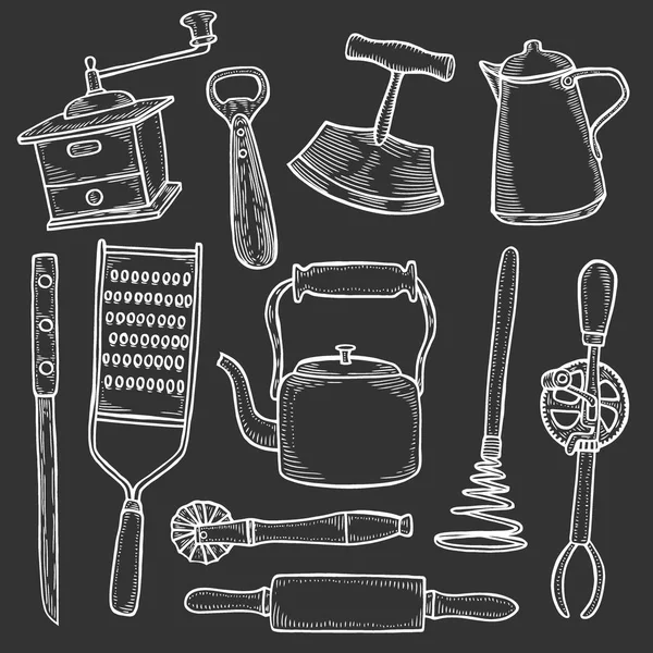 Набор Кухонной Утвари Гравировка Изолирована Черной Векторной Иллюстрации — стоковый вектор