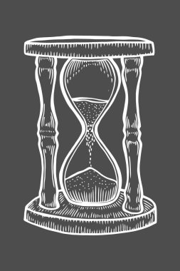 Kum saati çizim, çizim, gravür, mürekkep, hat sanatı, vektör. Siyah izole