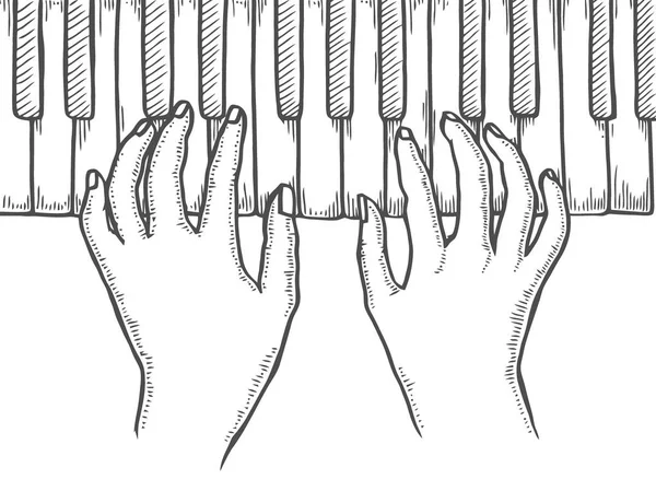 Mãos Teclas Piano Gravura Ilustração Vetorial Imagem Desenhada Mão Preto — Vetor de Stock