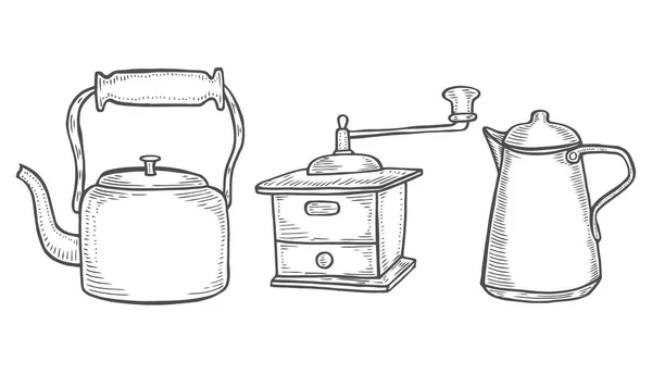 Кофеварка Мельница Китайский Чайник Чайник Повара Кухонная Утварь Кухонные Принадлежности — стоковый вектор