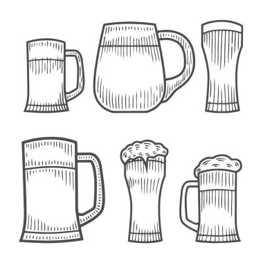 Bira cam, ahşap kupa. Stil vektör çizim kroki. El izole içecekler nesne beyaz zemin üzerine çekilmiş. Alkollü içki çizim. Restoran, bar, pub menü, oktoberfest için harika