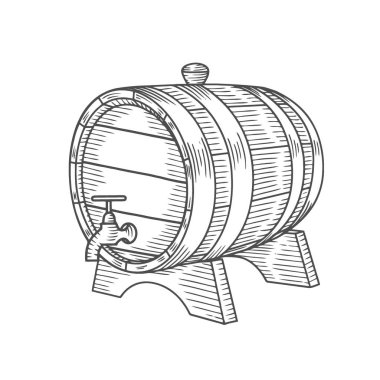 Stil oyma olarak çizilmiş varil illüstrasyon ver. Beyaz arka plan üzerinde yalıtılmış bağbozumu viski, şarap ya da bira varil.