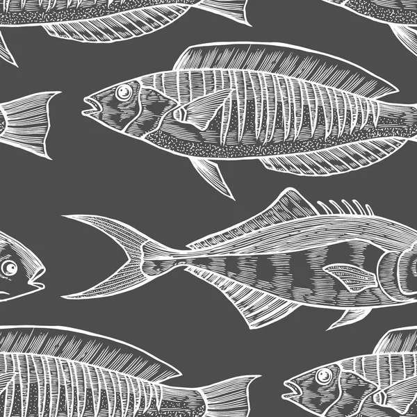 Seamless Vector Pattern Black Fish Black Background Vintage Engraving Art — Stock Vector