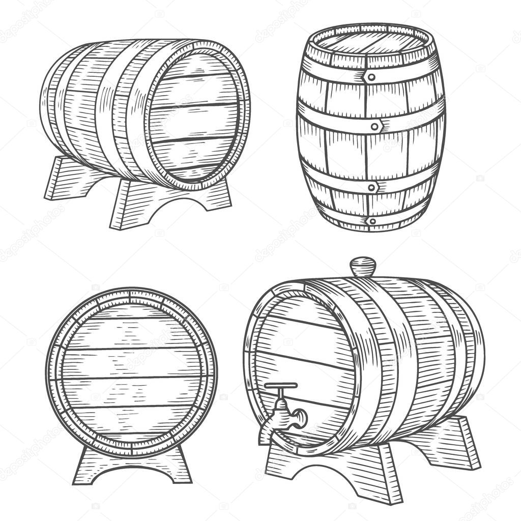 Wooden barrel set. Engraving vintage vector black illustration. Isolated on white background. Hand drawn design element for label and poster