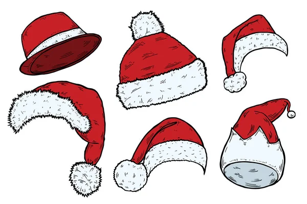 Santa Claus Hoeden Kerstset Nieuw Jaar Red Hat Geïsoleerd Een — Stockvector