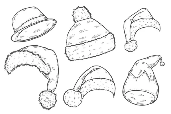 Weihnachtsmützen Vektor Bleistift Skizzen Symbole Dekorationselemente Für Neujahr Und Weihnachten — Stockvektor