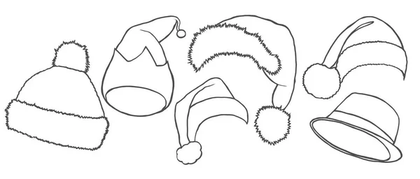 Santa Hoeden Vector Potlood Schets Iconen Nieuwjaar Kerstmis Decoratie Elementen — Stockvector