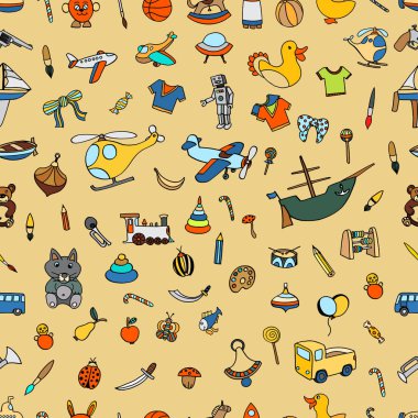 Seamlesbackground komik bebek oyuncak ayarlayın. Bebek duş veya karalama defteri için elle çizilmiş simgeler vektör doodle koleksiyonu