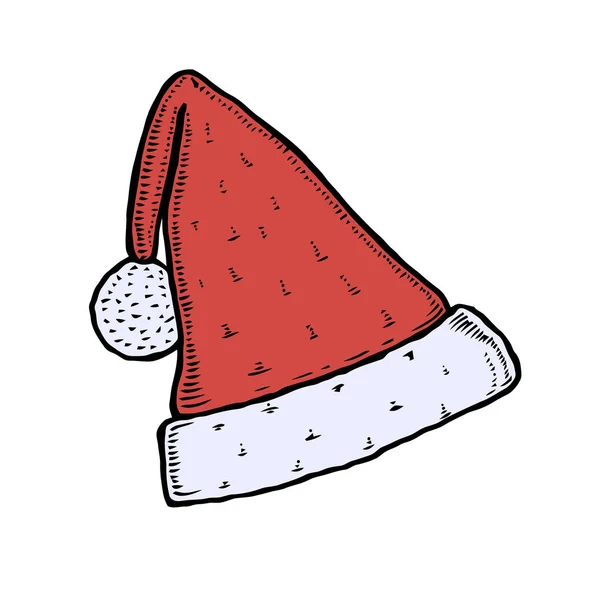 Papai Noel Chapéu Vermelho Ilustração Puxando Gravura Tinta Arte Linha — Vetor de Stock