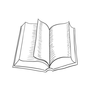 Beyaz arka plan üzerinde izole açık kitap. Vektör siyah vintage oyma çizim. El çizmek grafik bir tarzda.