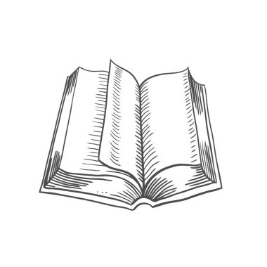 Beyaz arka plan üzerinde izole açık kitap. Vektör siyah vintage oyma çizim. El çizmek grafik bir tarzda.