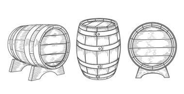 Ahşap varil küme. Vintage vektör siyah çizim oyma. Beyaz arka plan üzerinde izole. Elle çizilmiş tasarım öğesi etiket ve poster için