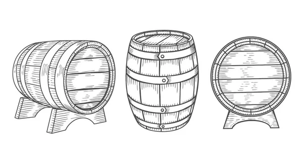 Деревянная Бочка Готова Гравировка Винтажных Векторных Черных Иллюстраций Изолированный Белом — стоковый вектор