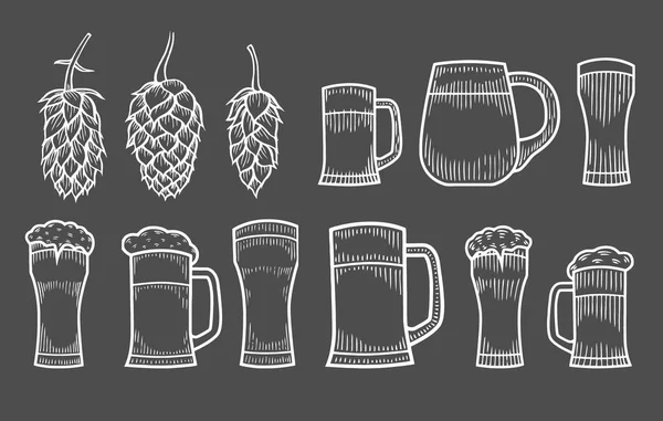 Sklenice Piva Chmele Izolované Bílém Pozadí Ruční Kreslení Vektorové Ilustrace — Stockový vektor