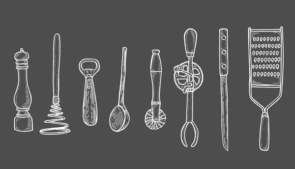 Sketch Conjunto Utensilios Cocina Aislado Ilustración Vector Negro — Archivo Imágenes Vectoriales