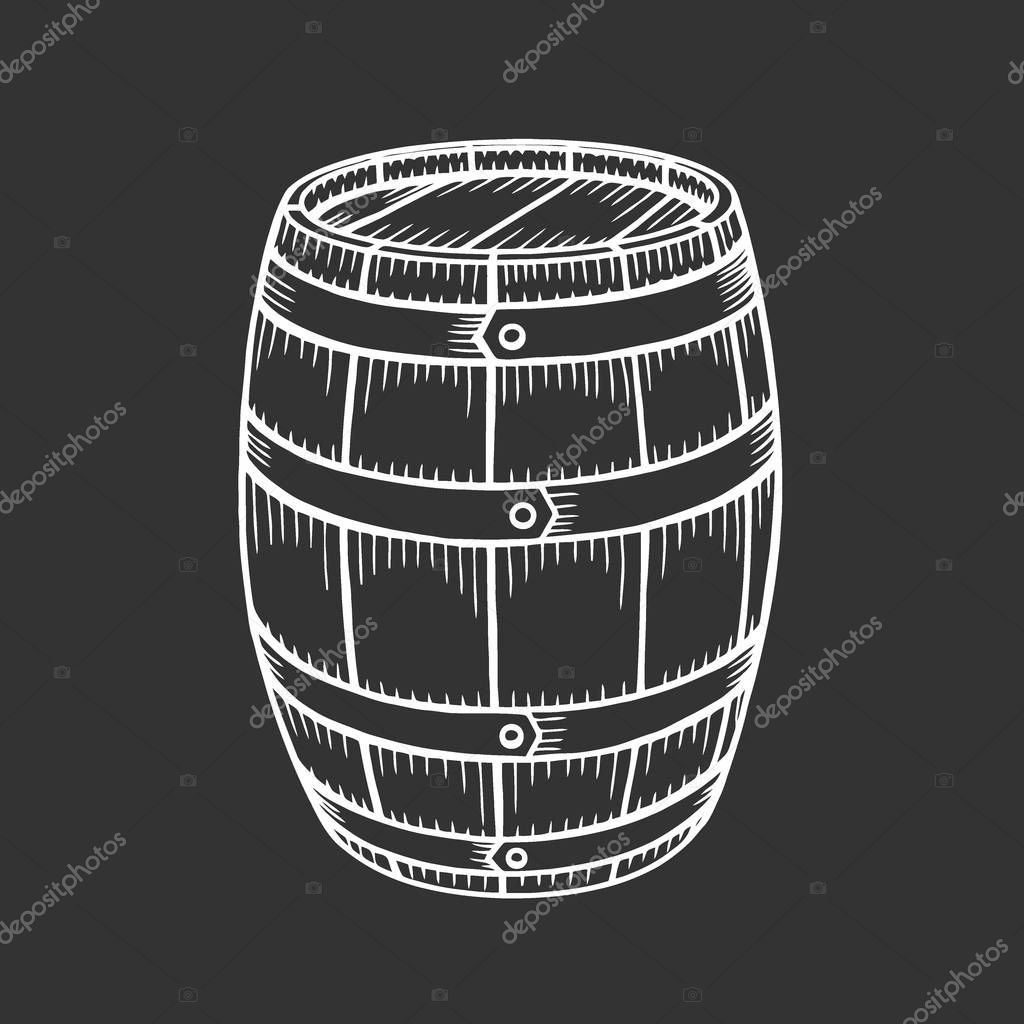 Hand drawn barrel illustration in engraving style. Vintage whiskey, wine or beer barrel isolated on white background.
