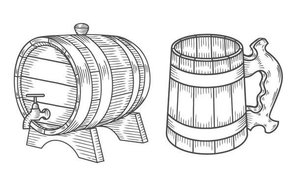 Vaso Cerveza Taza Madera Ilustración Vectorial Estilo Boceto Dibujo Bebida — Archivo Imágenes Vectoriales