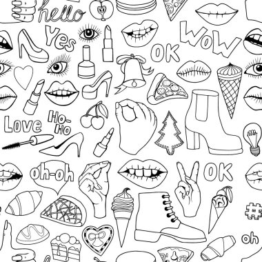 Seamless modeli moda yama rozetleri dudaklı ve diğer öğelerle birlikte. Vektör arka plan etiketleri, iğne, ile karikatür 80s 90s çizgi roman tarzı yamalar..