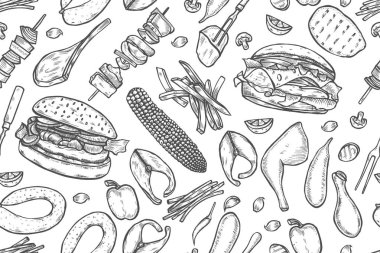 Vintage tek renkli vektör oyma Seamless Modeli mangal. Kömür, mantar, domates, biber, sosis, limon, kebap, Balık ve sığır eti biftek ile Üstten Görünüm.
