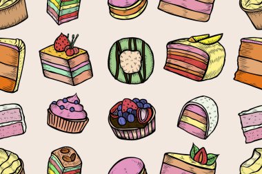 Kesintisiz tatlılar ve ekmek ayarlayın. El çizim arka plan. Vintage gravür sanat illüstrasyon. Vektör gıda ve restoran tasarımı. Şekerleme ya da fırın, kafe ya da restoran menü işaretlere.