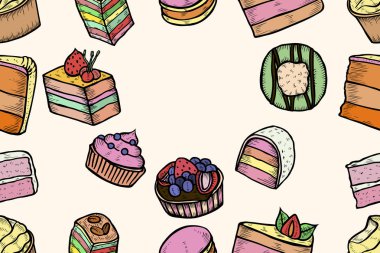 Kesintisiz tatlılar ve ekmek ayarlayın. El çizim arka plan. Vintage gravür sanat illüstrasyon. Vektör gıda ve restoran tasarımı. Şekerleme ya da fırın, kafe ya da restoran menü işaretlere.