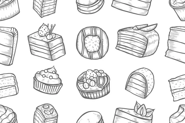 Dolci Pasticceria Senza Soluzione Continuità Disegno Mano Sfondo Bianco Illustrazione — Vettoriale Stock