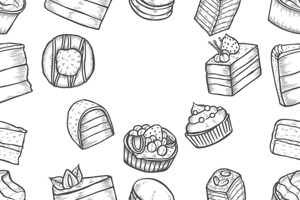 シームレスなお菓子やパンを設定します 手が白い背景上に描画します ビンテージ彫刻アート イラスト レストランのデザインをベクトルします 菓子やパン屋さんの兆候 — ストックベクタ