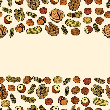 Vektör deli ve tohum ile seamless modeli. Antep fıstığı, brasil fındık, ceviz, fındık, Hindistan cevizi, kaju arka plan. Elle çizilmiş öğeleri kroki tarzı.