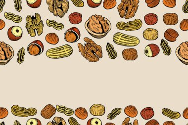 Vektör deli ve tohum ile seamless modeli. Antep fıstığı, brasil fındık, ceviz, fındık, Hindistan cevizi, kaju arka plan. Elle çizilmiş öğeleri kroki tarzı.